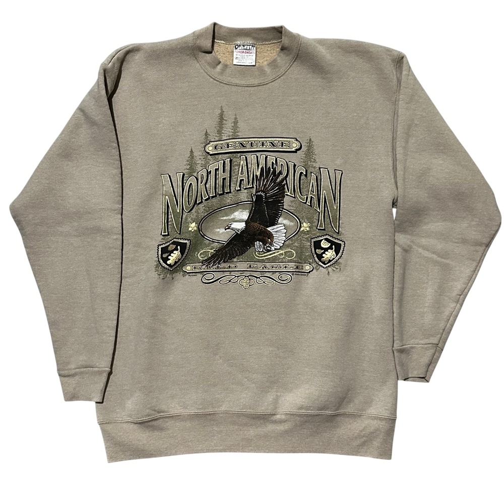 Vintage Oneita Power-Sweats Bald Eagle Sweatshirt Mens Large Tan Made in USA 90s
